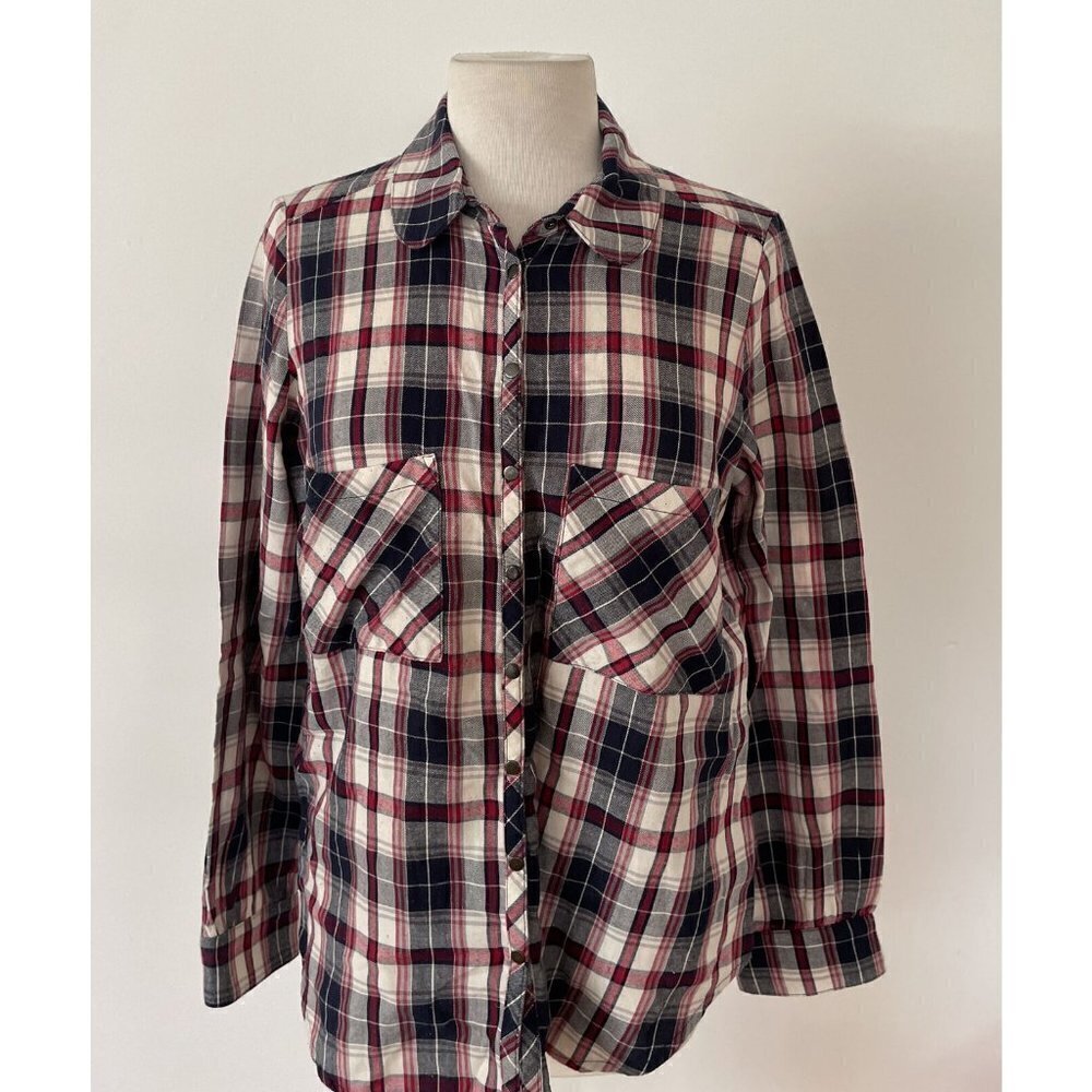 Altar'd State Red, White, Blue Plaid Long Sleeve Clip-on Button Shirt Size Large